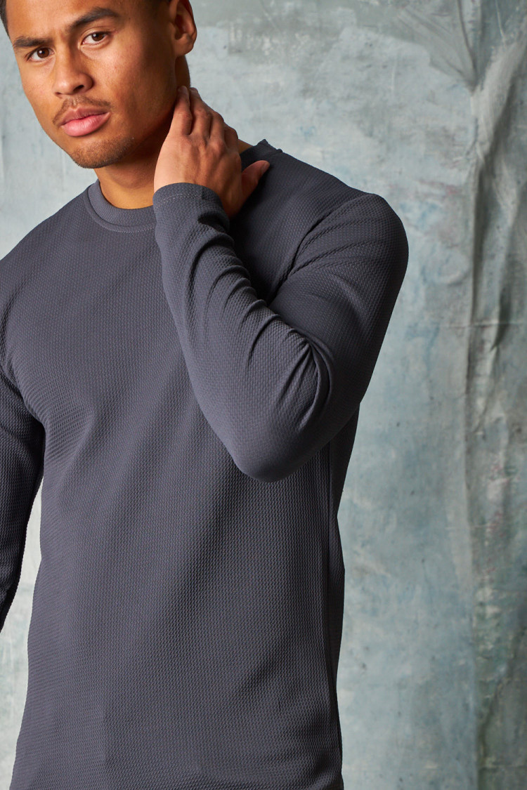 T-shirt manches longues texturé gris anthracite