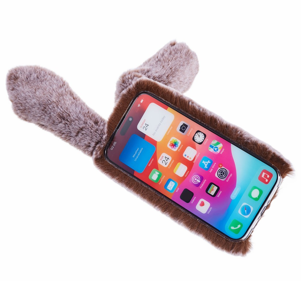 iPhone 15 Pro Max 3D Gummi Plüsch Case Hülle Bunny mit Flauschigen Hasenohren - Braun