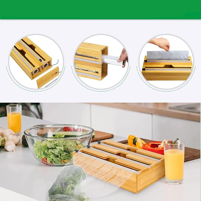 (33.5x21.5cm) 3-fach Bambus Frischhaltefolie Schneider Küchen Alufolie Spender Folien Abtrenner Backpapier Abroller - Braun