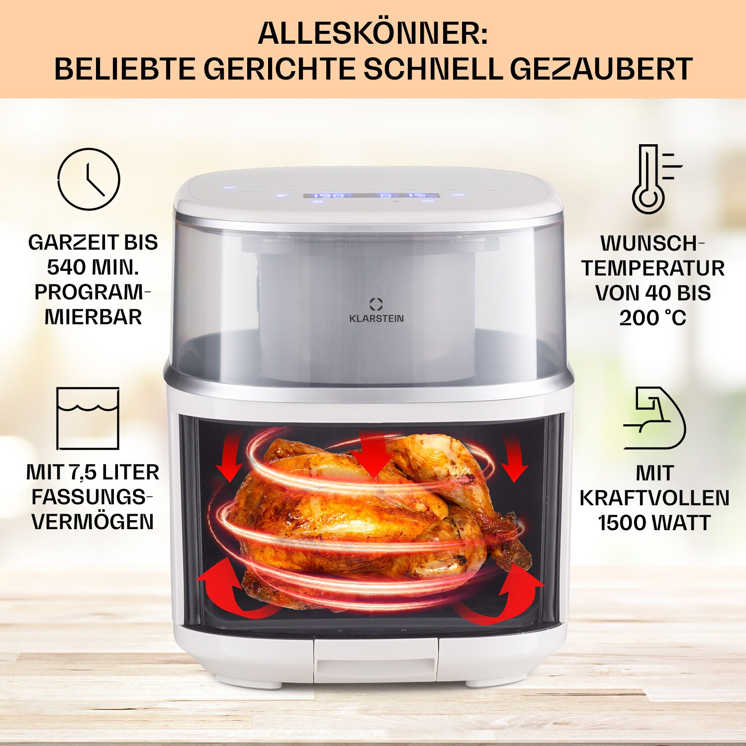 Air Bloom Heißluftfritteuse Dampffunktion 1500W 7,5 Liter 16 Programme