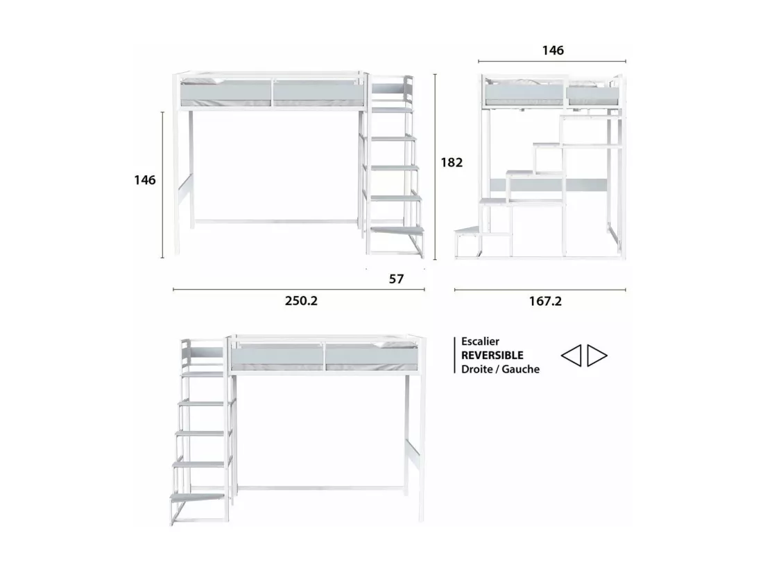 Lit mezzanine avec sommier et escalier en métal finition epoxy blanche et mélamine gris clair - grand couchage 140 x 190 cm - MONTANA