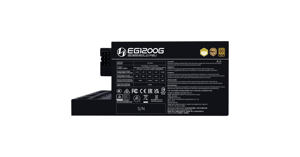 Lian LiEDGE GOLD 1200 modulaire 1200 watt voeding   (Zwart, 1x 12V-2x6, 4x PCIe, 4x USB-header hub)