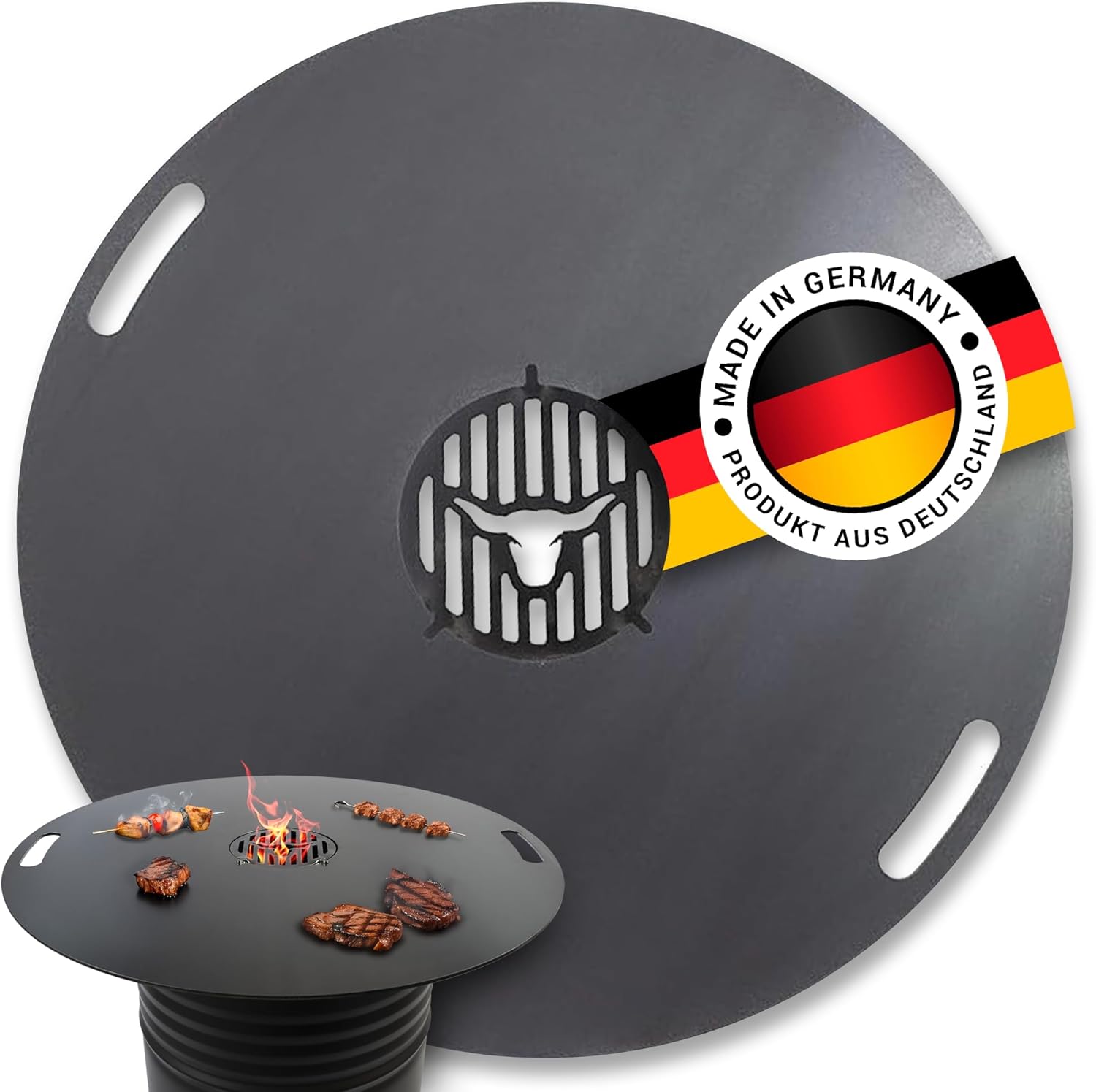 Feuerplatte für Feuertonne Kugelgrill Handgriffe 80 cm, 8 mm Stärke #98 – INKL. Grilleinsatz, Grillplatte für Feuertonne & Feuerschale, Massive Stahlplatte Plancha Grillring für BBQ & Teppanyaki