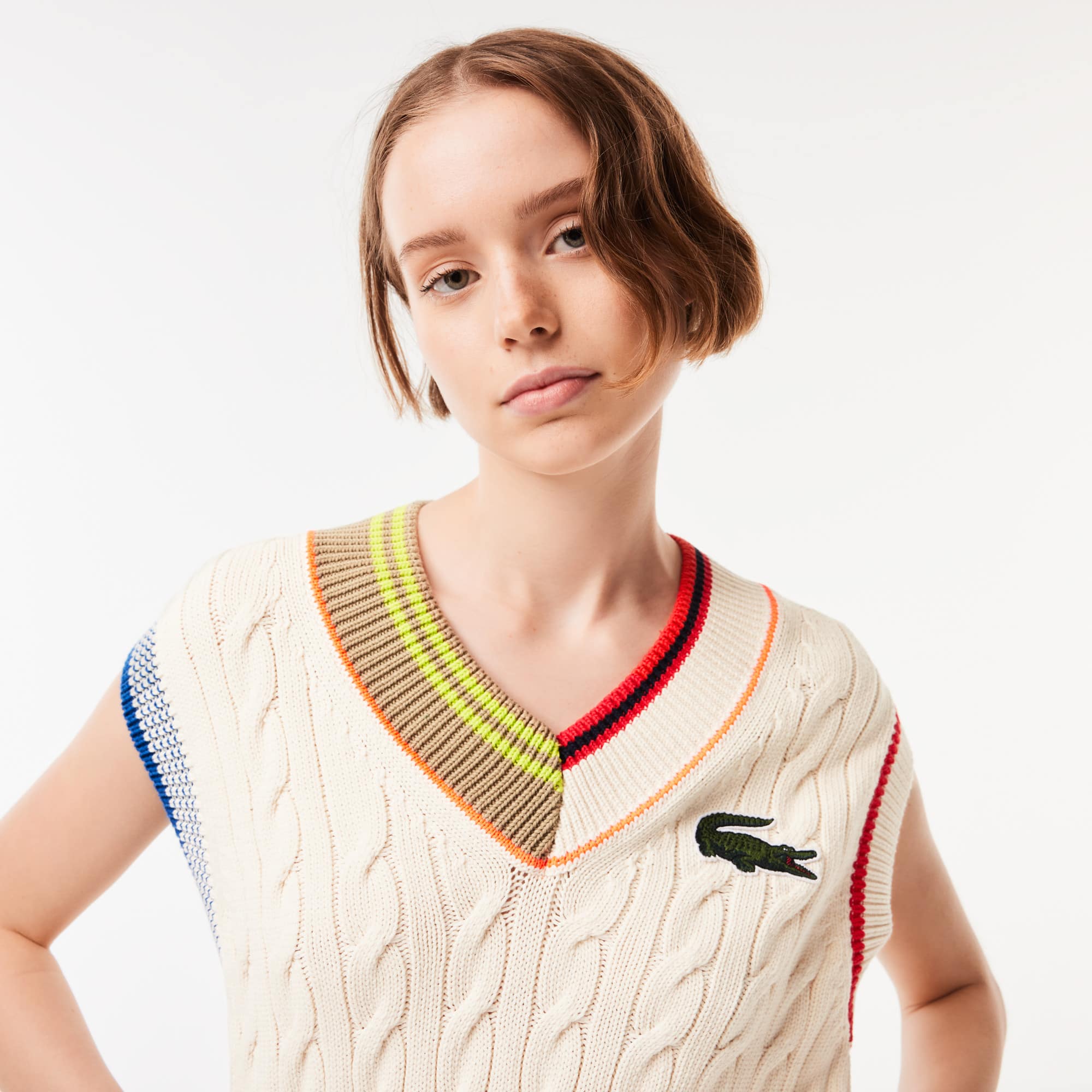 Pull de tennis sans manche femme Lacoste avec torsades Pullovers - Blanc - Lacoste - Femme