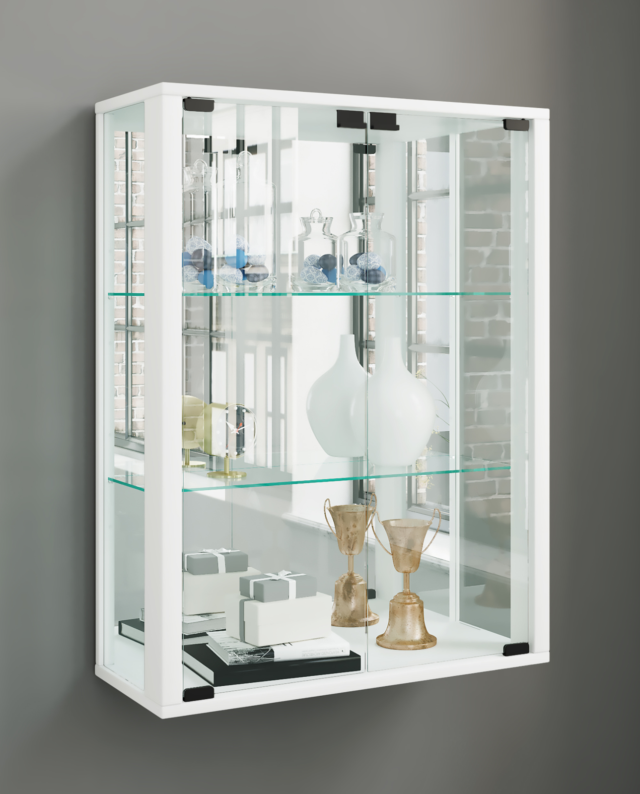 Wandvitrine UDINA - weiß - Rückwandspiegel - LED-Beleuchtung