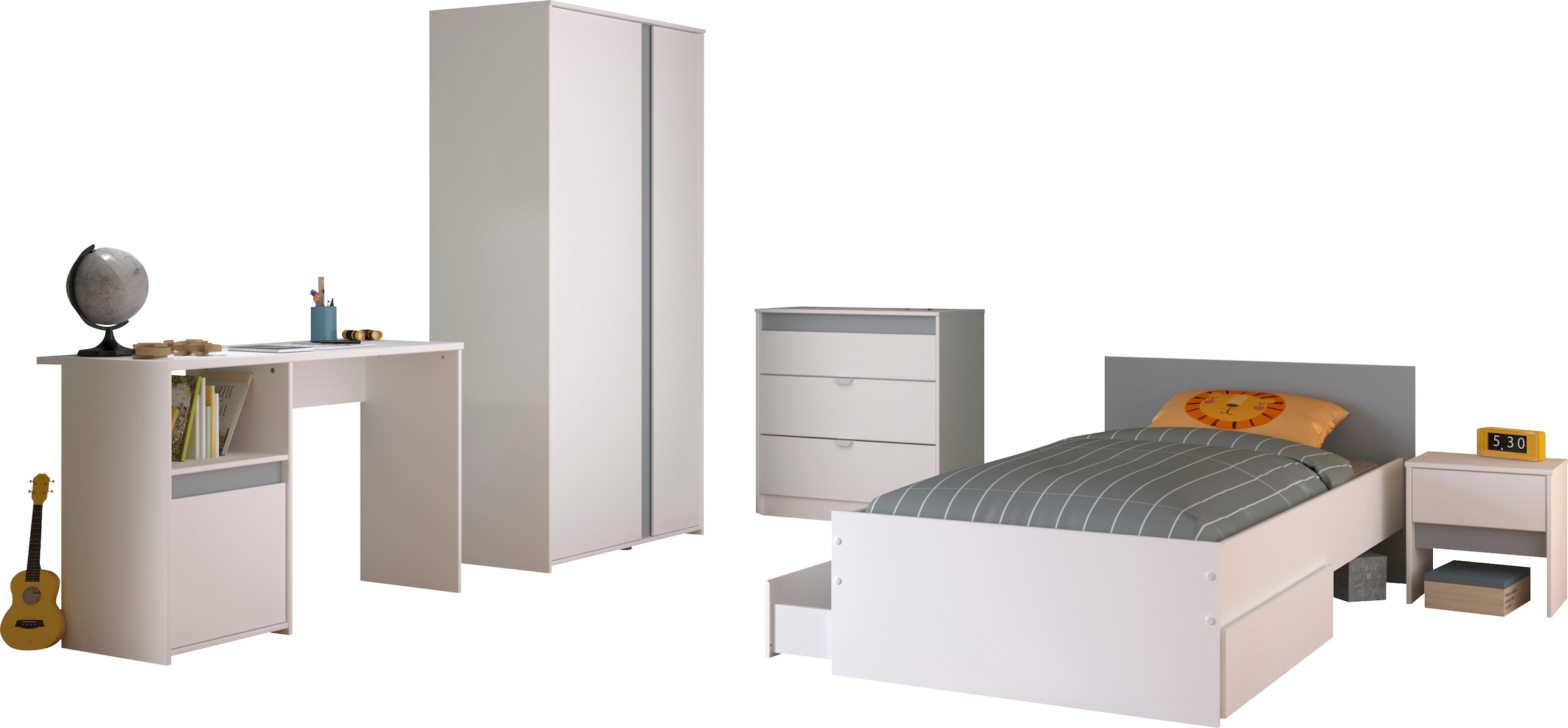 Parisot Jugendzimmer-Set »Pirouette, farbige Einsätze drehbar- Rosa oder Grau« Set, Schreibtisch, Bett, Schubkasten, Kleiderschrank, Kommode, Nachttisch, 6 Stk. tlg. komplettes Jugendzimmer, für alle Zielgruppen