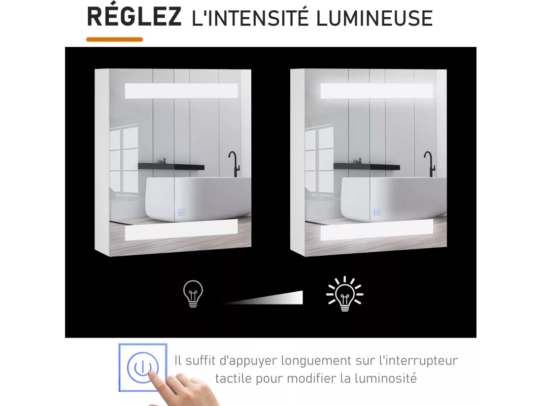 Miroir lumineux LED armoire murale design de salle de bain 2 en 1 dim. 50L x 15l x 60H cm MDF blanc