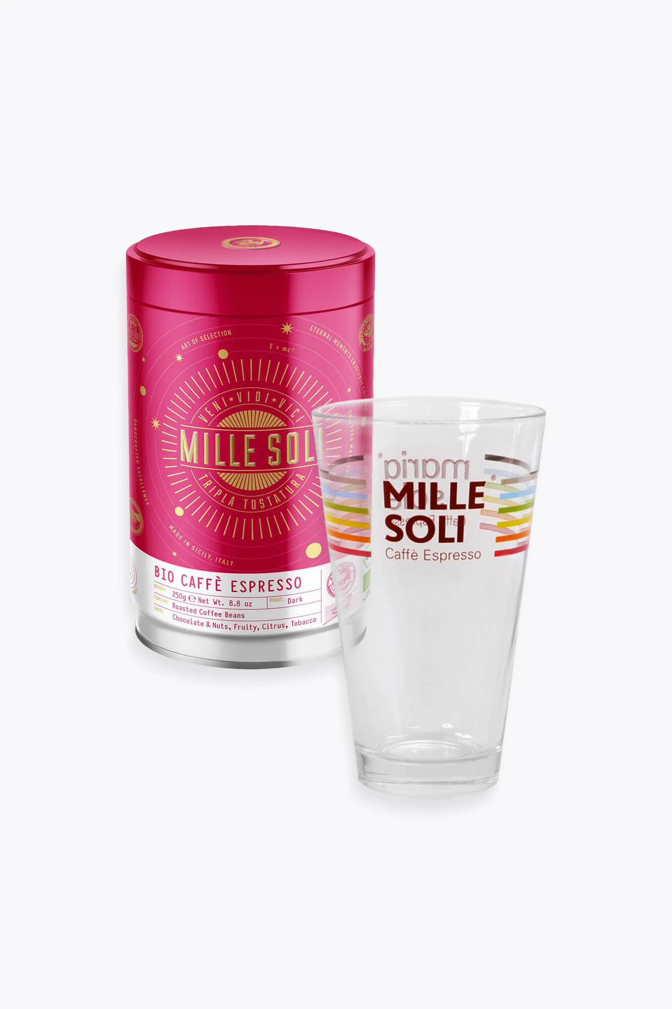 Mille Soli Caffè Espresso 250g Bio Dose & Latte Macchiato Glas zum Aktionspreis