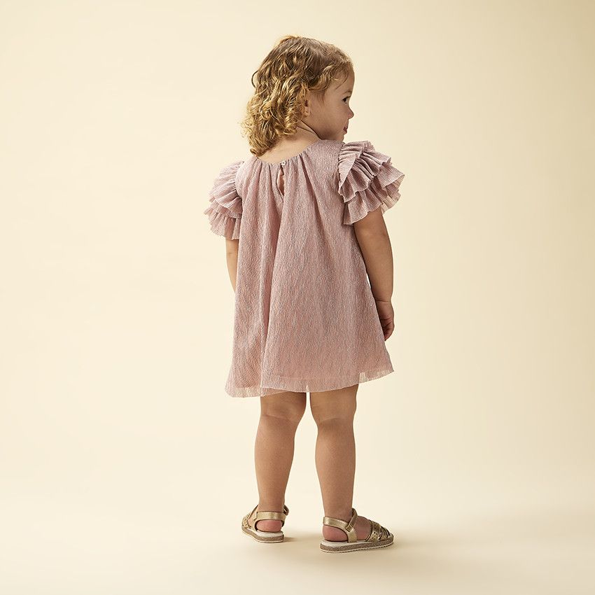 Robe de fête manches courtes brillante effet plissé pour bébé fille - Rose