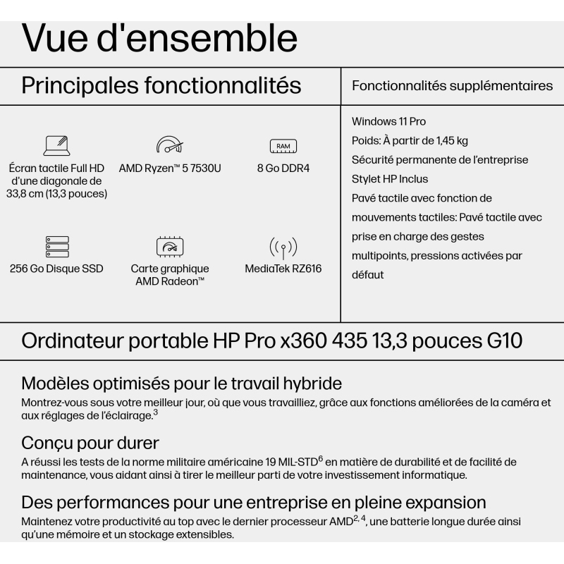 HP Pro x360 435 G10 AMD Ryzen™ 5 7530U Hybride (2-en-1) 33,8 cm (13.3