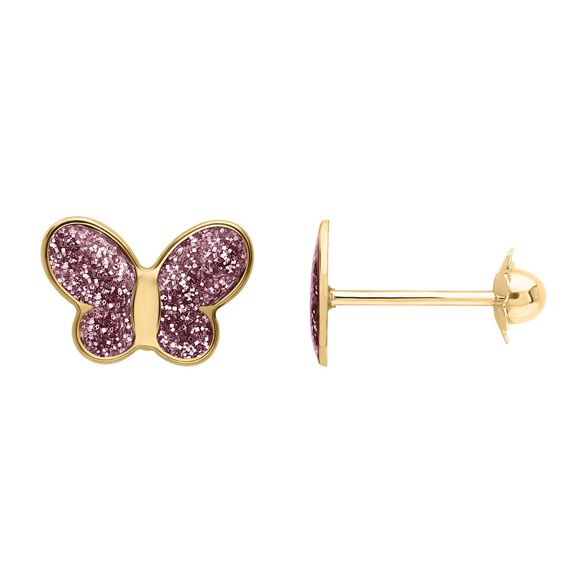 Puces d'oreilles Brillaxis papillon rose or jaune 9K