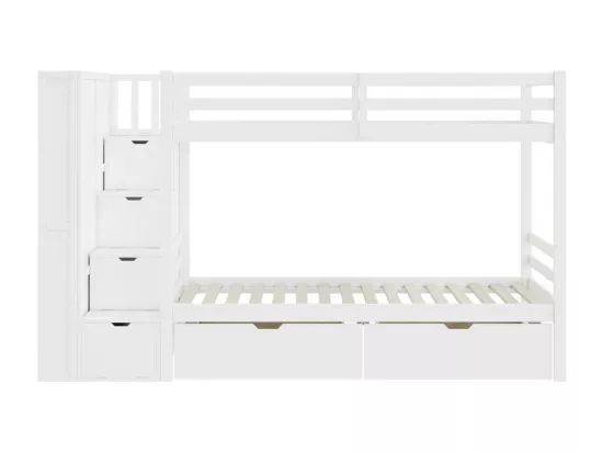 Lits superposés avec 2 tiroirs, étagère de rangement et escaliers de rangement - 2 x 90 x 200 cm - Pin + MDF - Blanc
