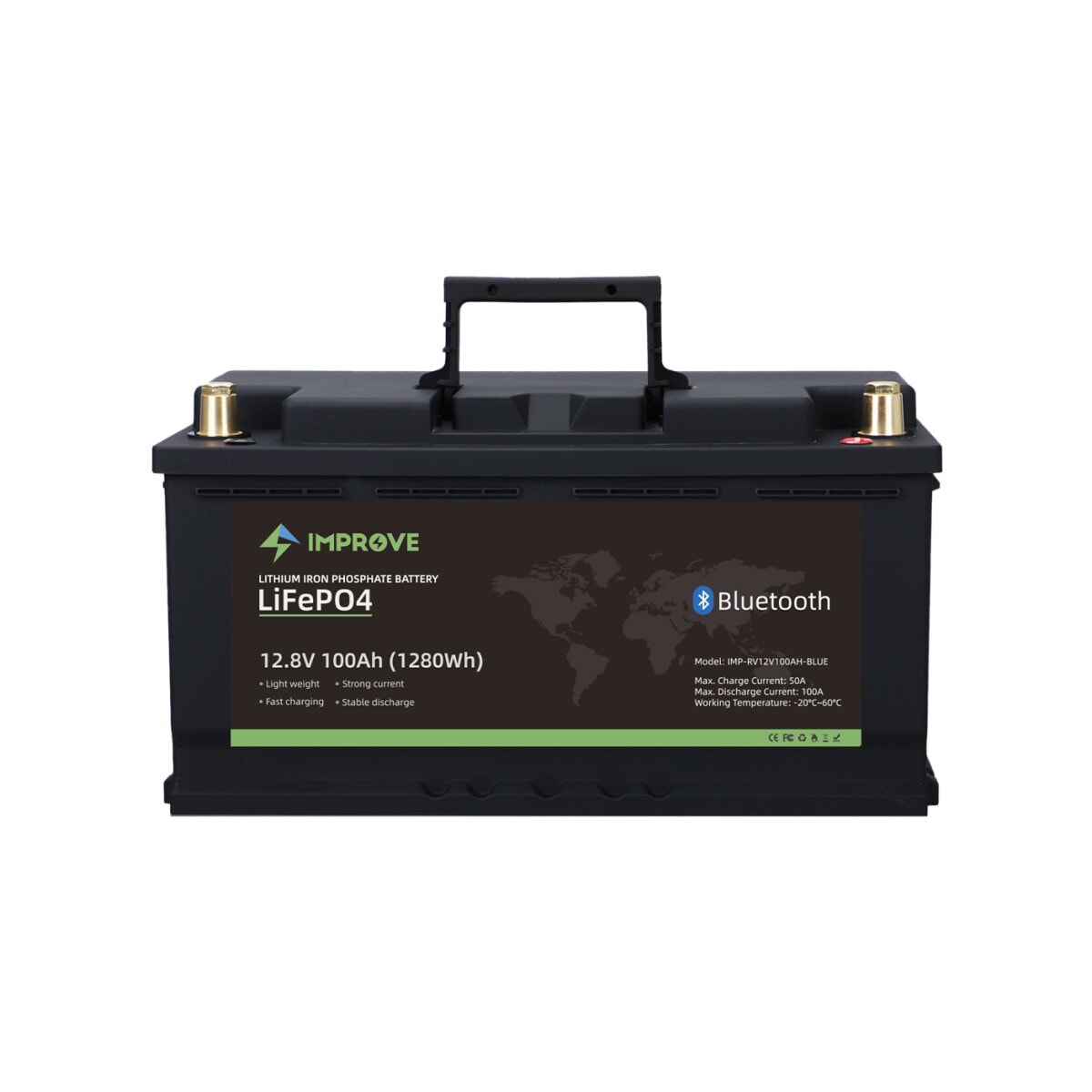 IMPROVE Lithium Batteri 12V 100Ah (LiFePO4) BMS 100A - BLUETOOTH - BOBIL