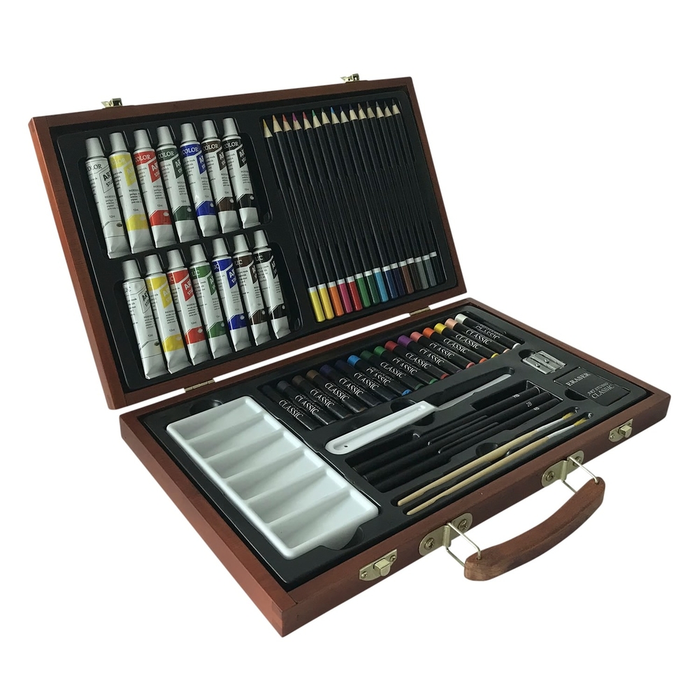 55-teiliges Kunstset in einer Holzbox