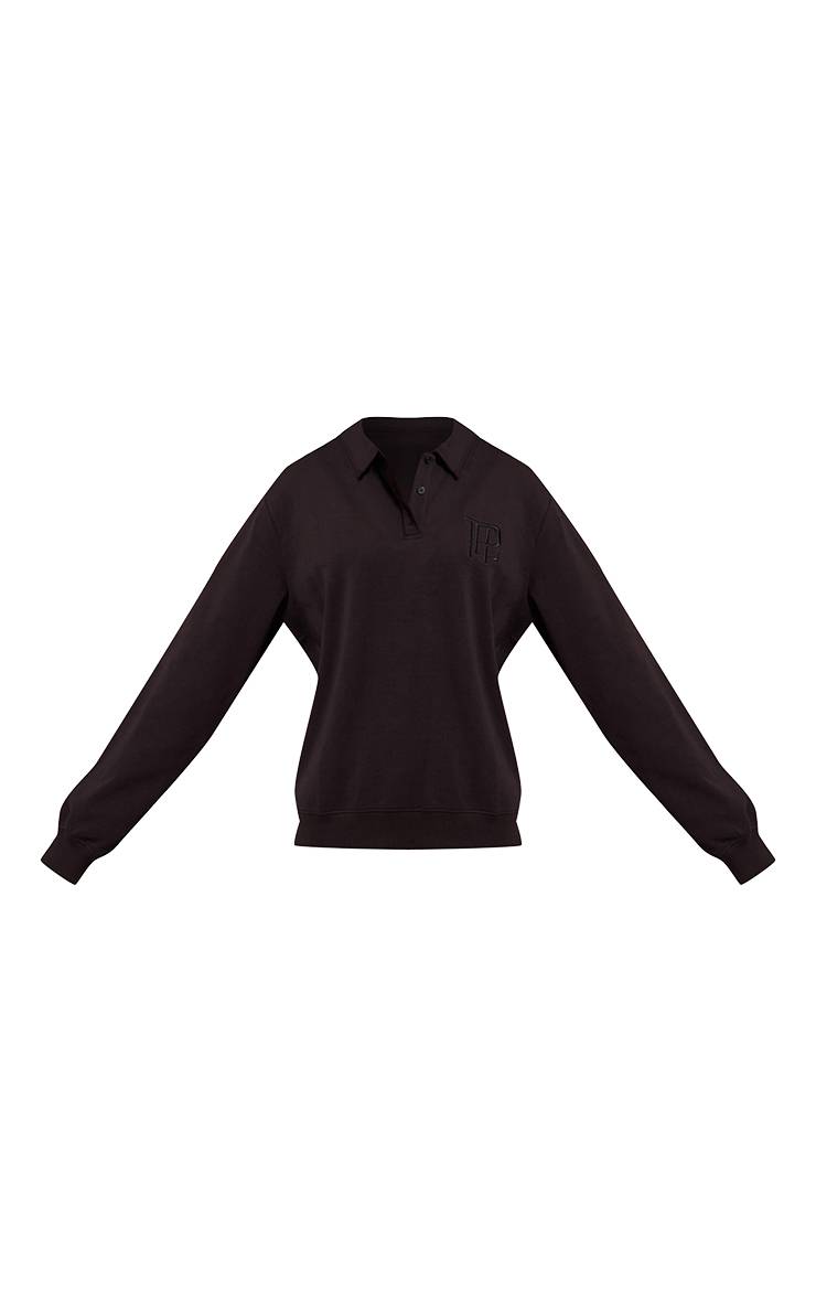 Noir Sweat-shirt Polo Brodé À Boutons En Molleton Interlock Grande Taille