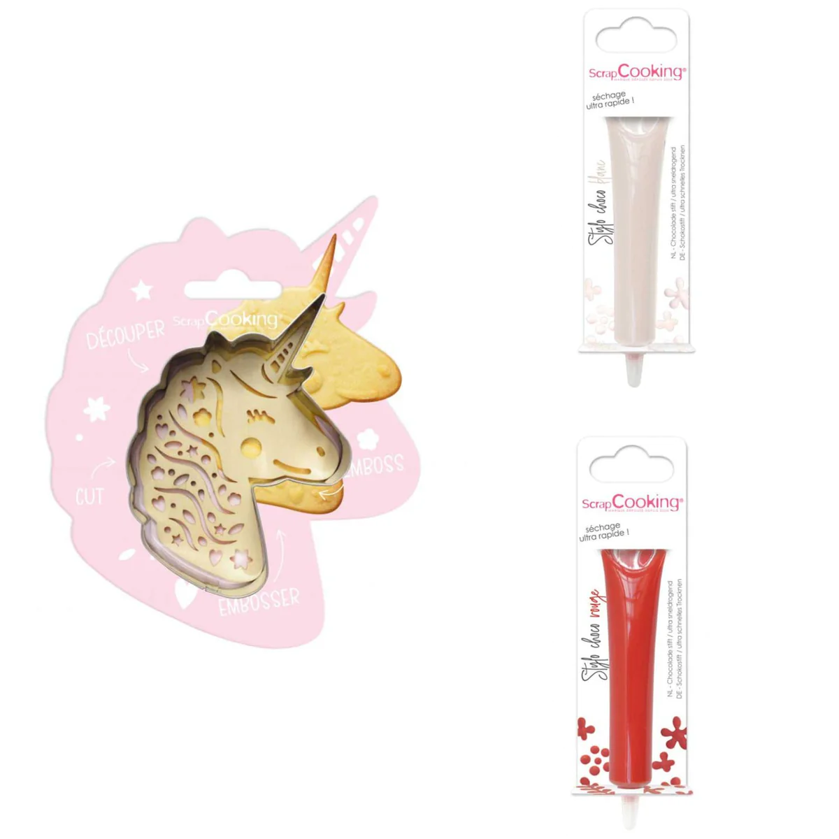 Kit pour biscuit en relief Licorne + 2 Stylos au chocolat blanc et rou