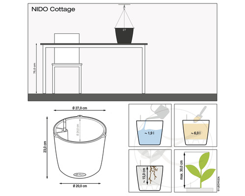 Lechuza Nido Cottage hangpot, kunststof, Ø 27 cm, H 23 cm, granieten afwerking, inclusief zelfbewateringssysteem en waterniveau-indicator