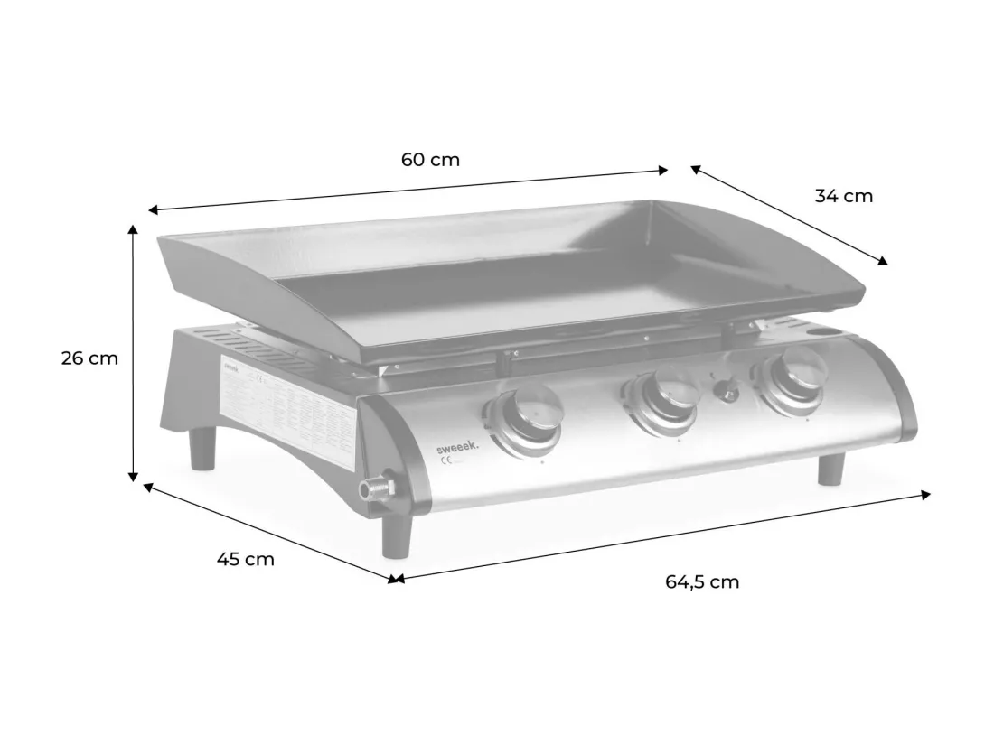 Plancha au gaz 3 feux - Porthos 3 brûleurs - 7.5 kW. barbecue. cuisine extérieure. grande plaque émaillée. inox
