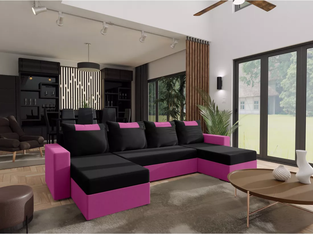 CANAPÉ PANORAMIQUE avec fonction de couchage Susanne jusqu’à 8 places, Noir+Rose