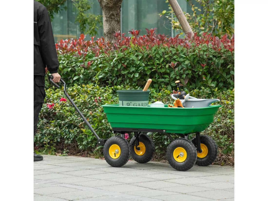 Chariot de jardin à main benne basculante 75° 75L charge max. 200 Kg 4 roues pneumatiques acier PP jaune vert