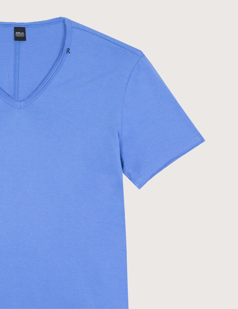 REPLAY T-SHIRT COL V COTON BLEU CIEL