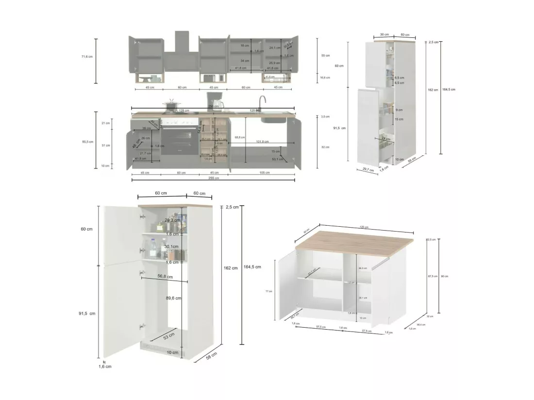 Cuisine complète Dantenucc, Ensemble avec garde-manger, Meuble de kitchenette, Kit bloc avec îlot et porte-frigo, 100% Made in Italy, Blanc brillant et ardoise