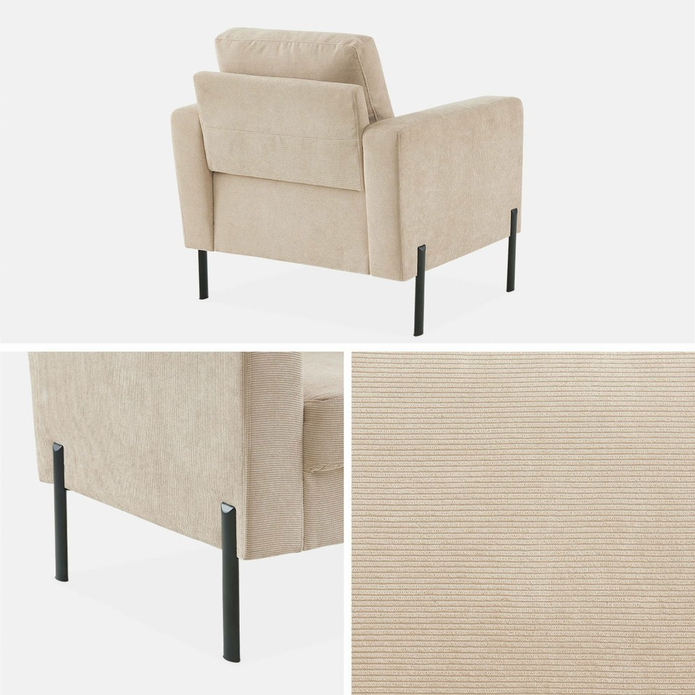 Fauteuil en velours côtelé beige - bjorn - canapé 1 place fixe droit pieds métal