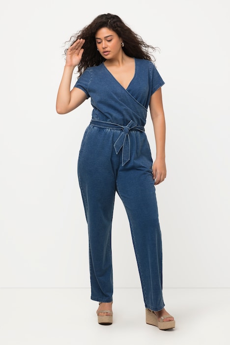Jeans-Jumpsuit, weites Bein, V-Ausschnitt, Halbarm