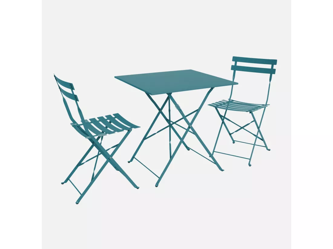 Table de jardin bistrot pliante métal + 2 assises bleu canard 70 x 70cm. acier thermolaqué