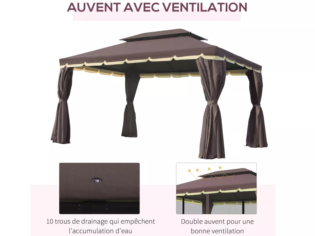 Tonnelle barnum pavillon de jardin style colonial double toit toile moustiquaires et toiles amovibles 3,9L x 2,9l x 2,8H m chocolat