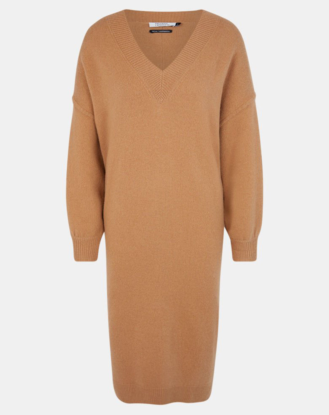 Galeries Lafayette Robe pull en Laine & Cachemire Divine col V camel