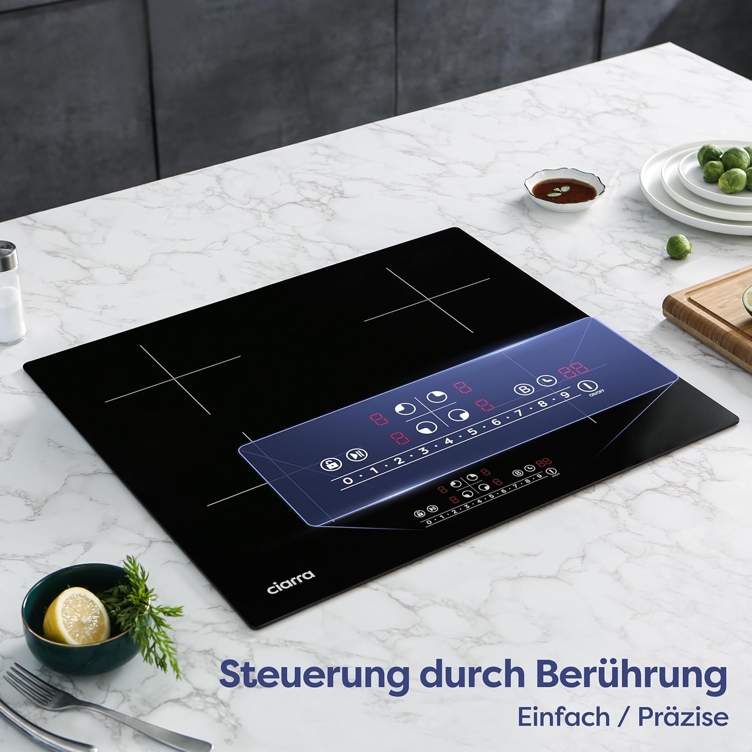 CIARRA CBBIH4B 4 Zonen Einbau Induktionskochfeld 60 cm mit Power Booster Touch-Bedienung Kochfeld Induktion 9 Leistungsstufen Timer Kindersicherung Restwärmeanzeige Pause- und reStart-Funktion 7200W