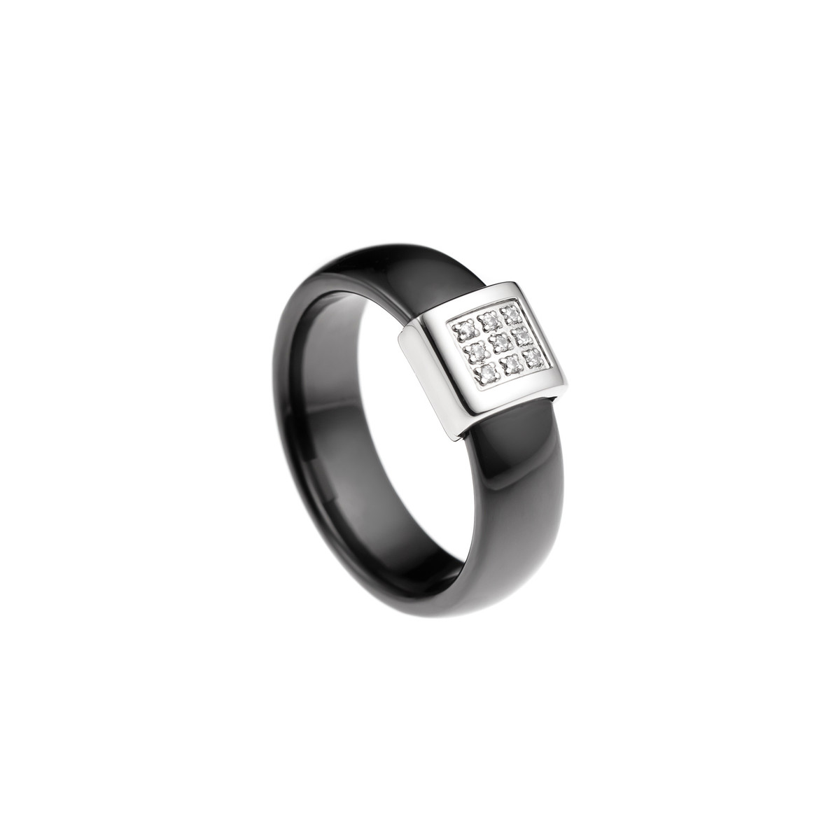 STELLA - Bague Jonc - Pure Ceramic noire et acier - Motif Carré