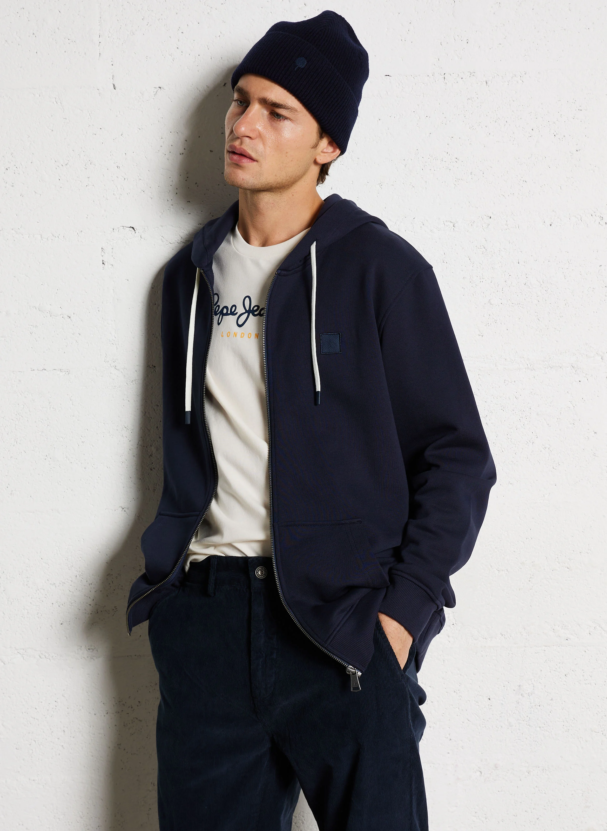 Sweat zippé à capuche en coton| Bleu