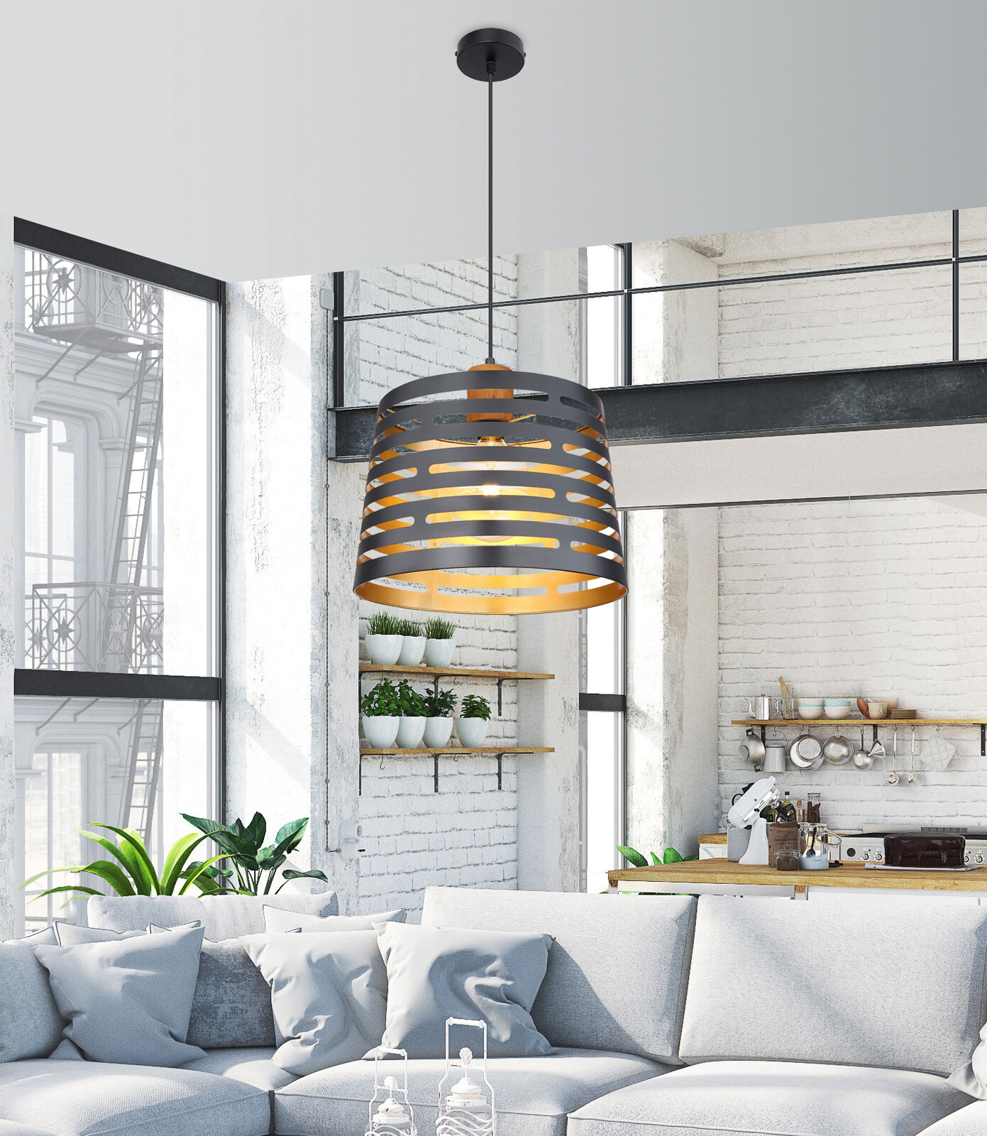 GLOBO Retrofit Pendelleuchte Ablona 1-flg 35cm 120cm Metall /Holz schwarz /naturfarbig
