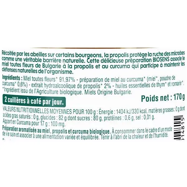 Preparação de Mel Biosens com Cúrcuma e Própolis para Imunidade Orgânica 170g