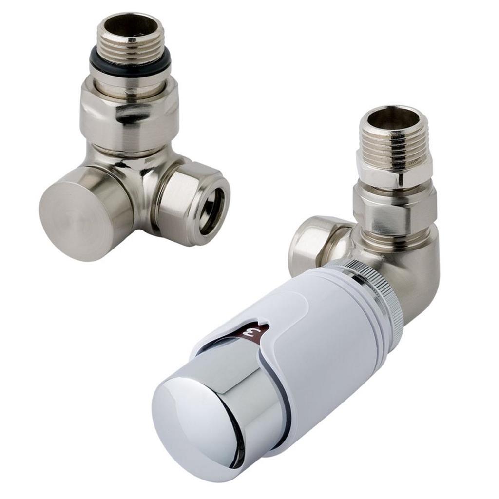 Eastbrook Valve radiator aansluitset haaks gedraaid met thermostaat 15mm RVS/wit