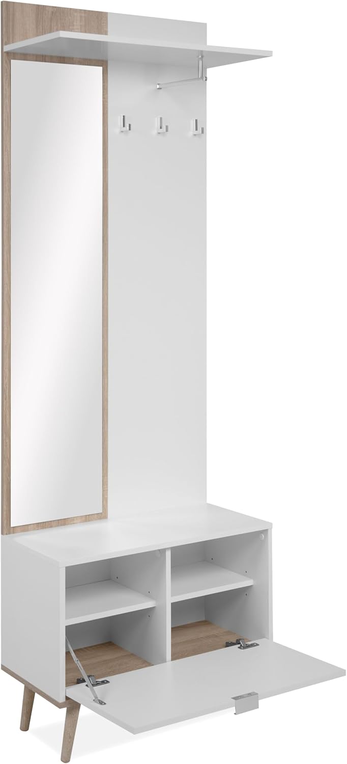Göteborg 42A Kompaktgarderobe, mit Hutablage, Spiegel und Kleiderstange in weiß/Dekor Sonoma Eiche Maß: B x H x T ca. 70 x 200 x 32 cm