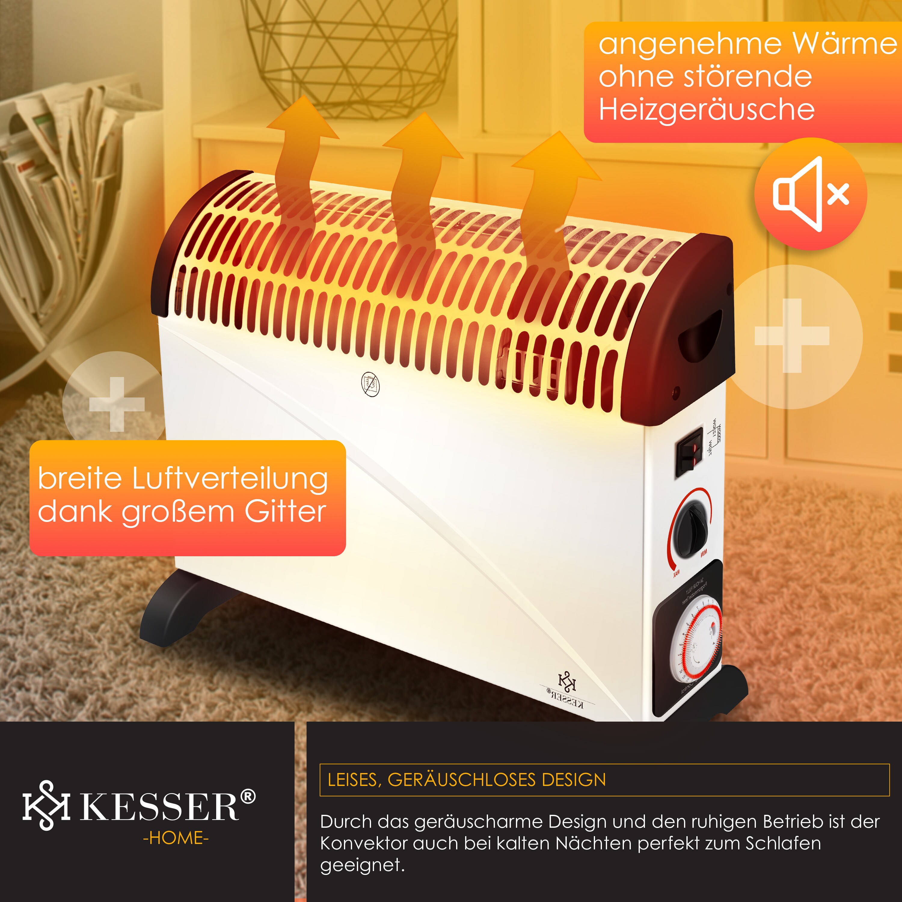 KESSER Konvektor 2000 Watt Heizgerät , 24h Timer | stufenlose Thermosteuerung | Turbo Heizung | 3 Stufen | Tragemulden