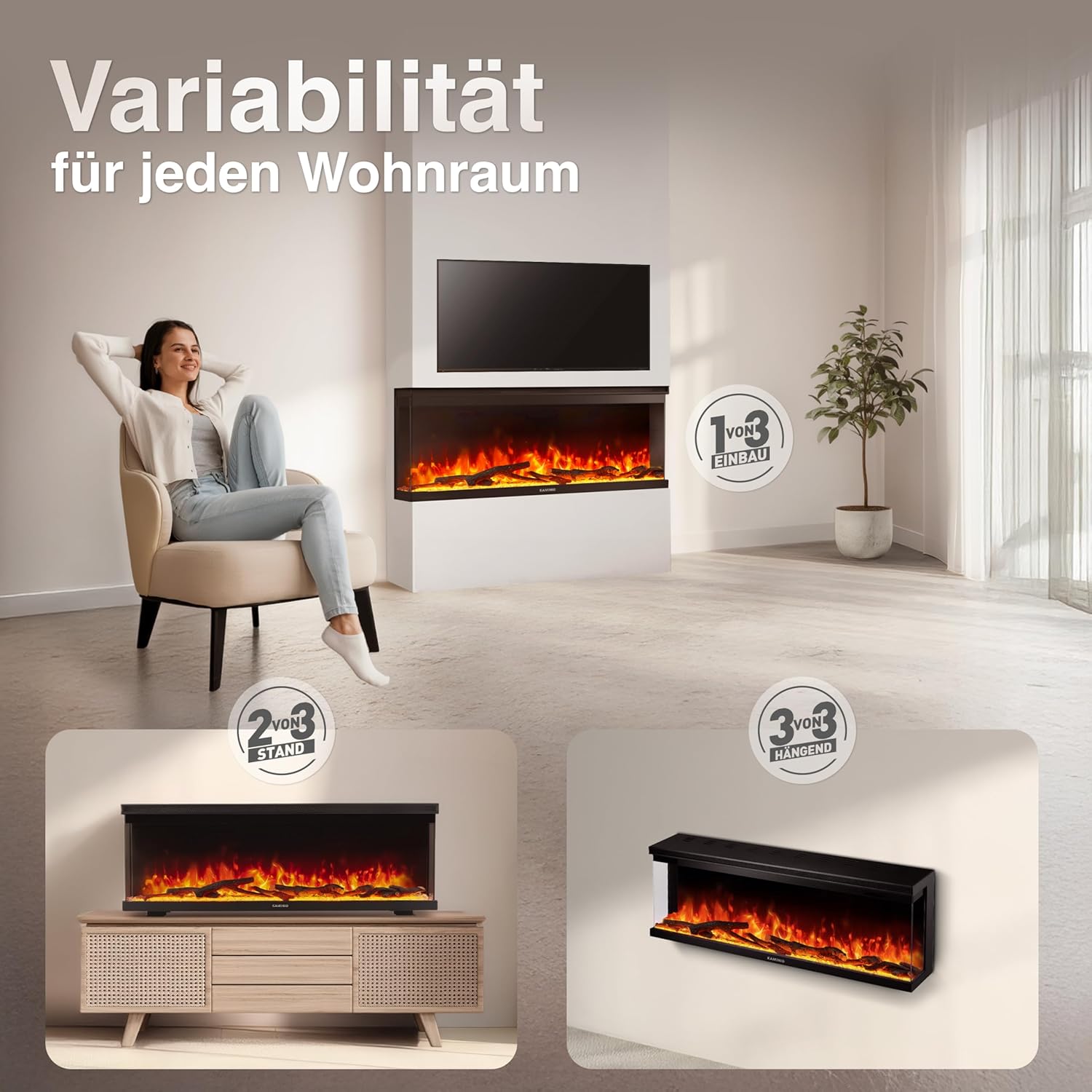 Elektrokamin LEA - Elektrischer 3-in-1 Kamin mit Panoramaview, Heizung, 3D-Flammeneffekt, 12 Flammenfarben, Fernbedienung (50 Zoll)