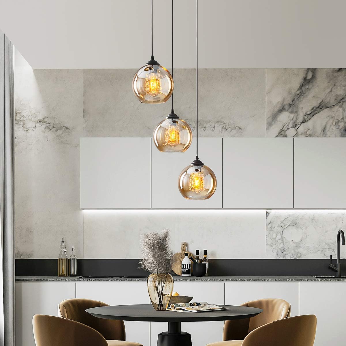 H.W.S Glas Pendelleuchte Kristall Pendellampe Modern Kugel Kronleuchter Design Kreative Hängeleuchte Höhenverstellbar Innen Dekoration Hängelampe Wohnzimmer Leuchte (Amber, 3 flamming round)