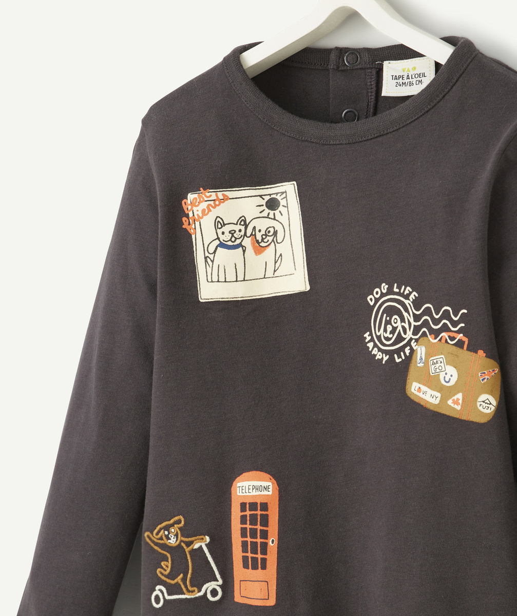T-SHIRT BÉBÉ GARÇON EN COTON BIO GRIS FONCÉ MOTIFS CHIENS