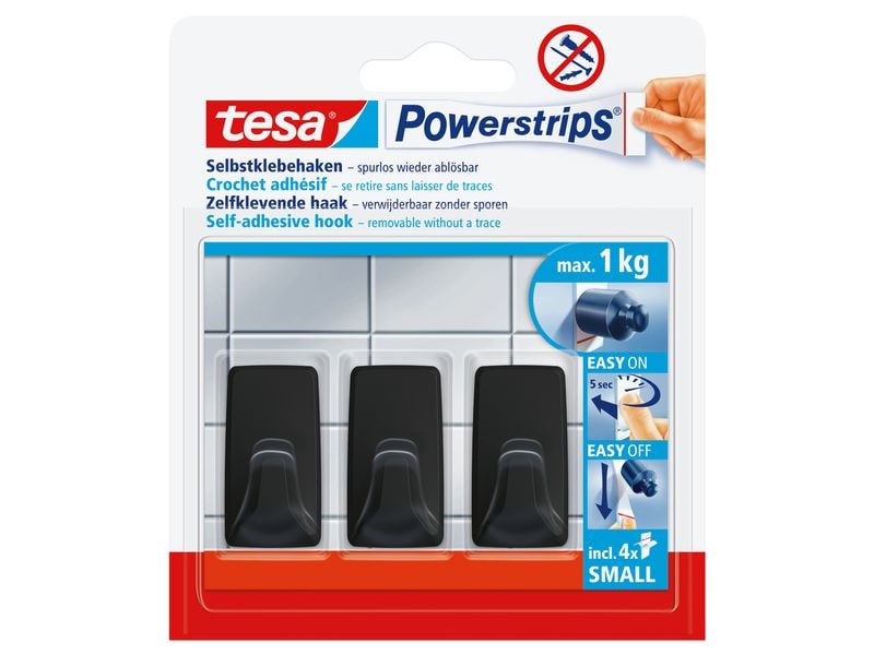 tesa Klebehaken Powerstrips S Eckig, Schwarz Selbstklebende Kunststoffhaken