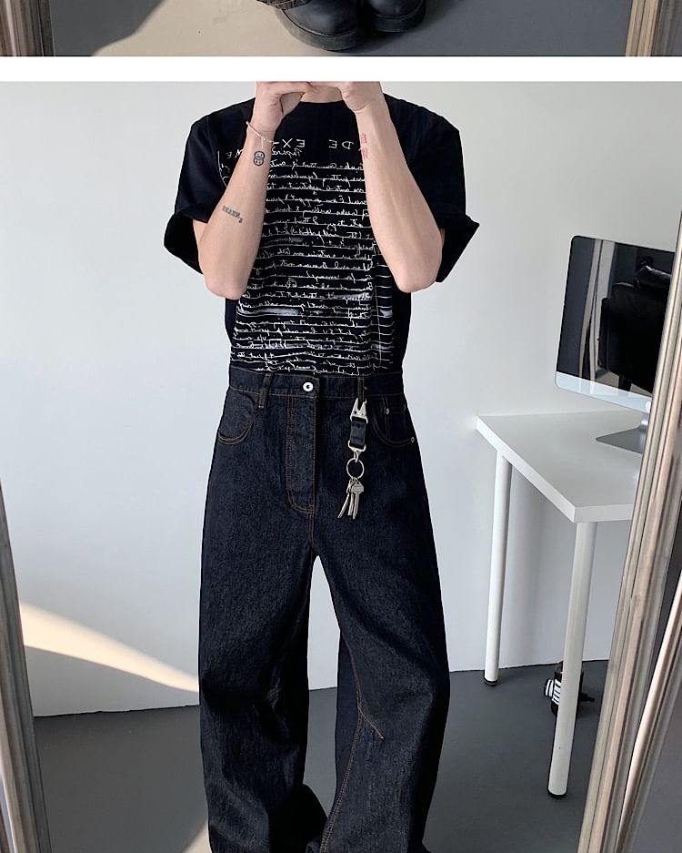 Omozando - Mid Rise Lettering Geborduurde Wijde Jeans
