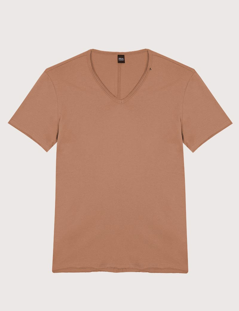 REPLAY T-SHIRT COL V COTON TABAC