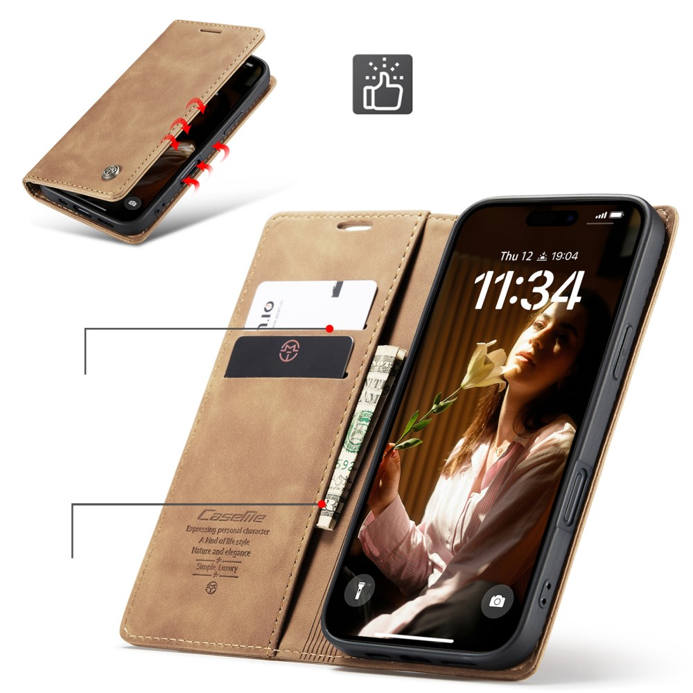 iPhone 16 Leder Tasche Flip Wallet Etui mit Kartenfächern - Hellbraun