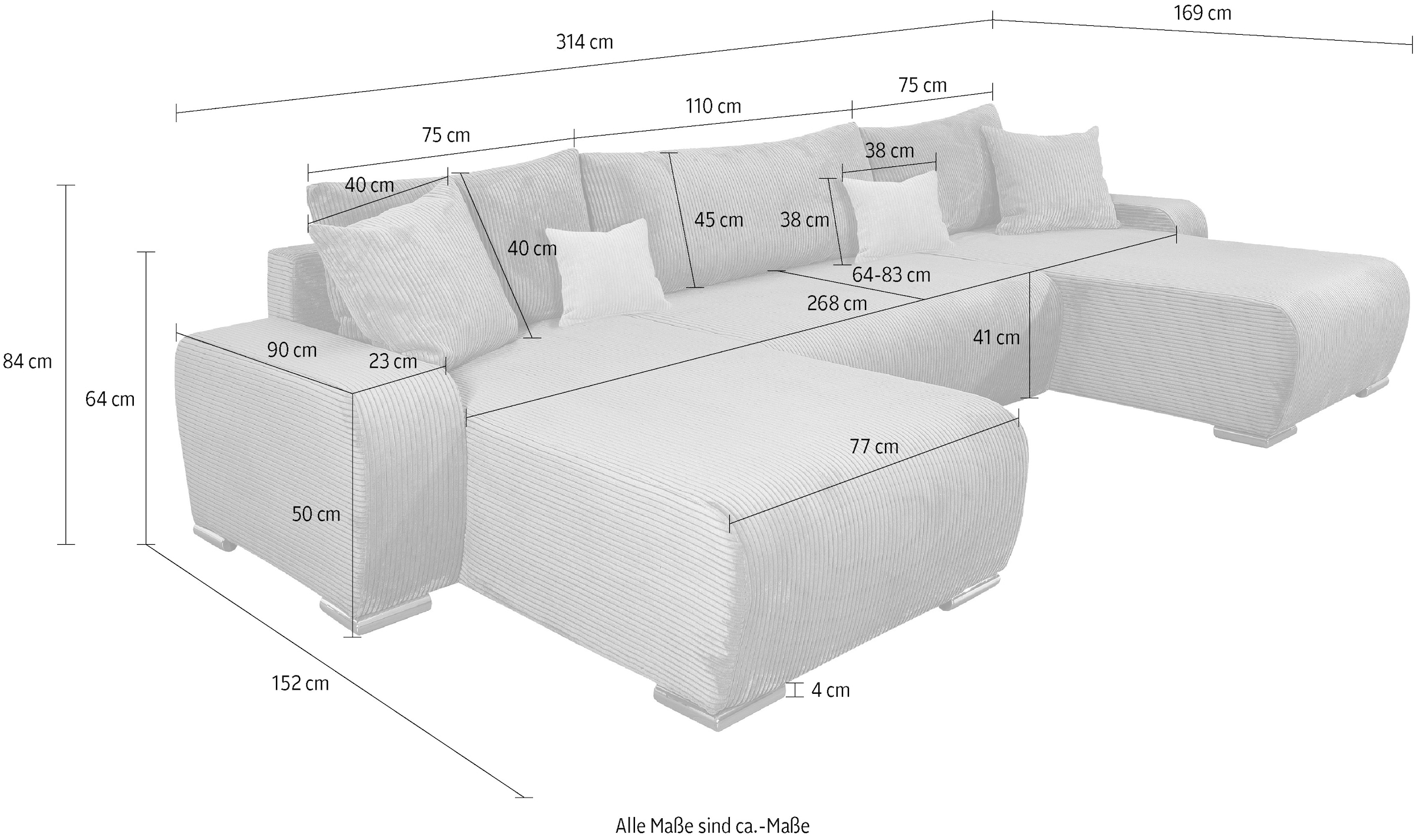 COLLECTION AB Wohnlandschaft »Paola U-Form, Breite 314 cm« inkl. Schlaffunktion, Stauraum, Zierkissen und Bonnellfederkern