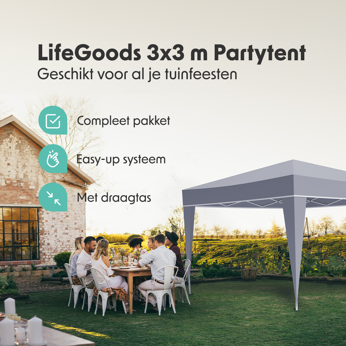 LifeGoods 3x3 m partytent - Grey