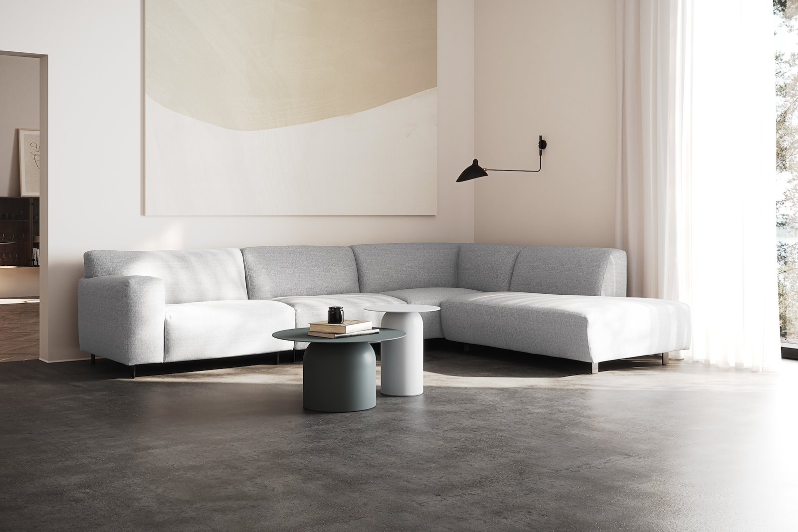 Vesta hjørnesofa 3-seter med åpen ende høyre, Big hjørnemodul, Tekstil Cortina Silver, standardsøm, sort metallben 10 cm, Comfort CM