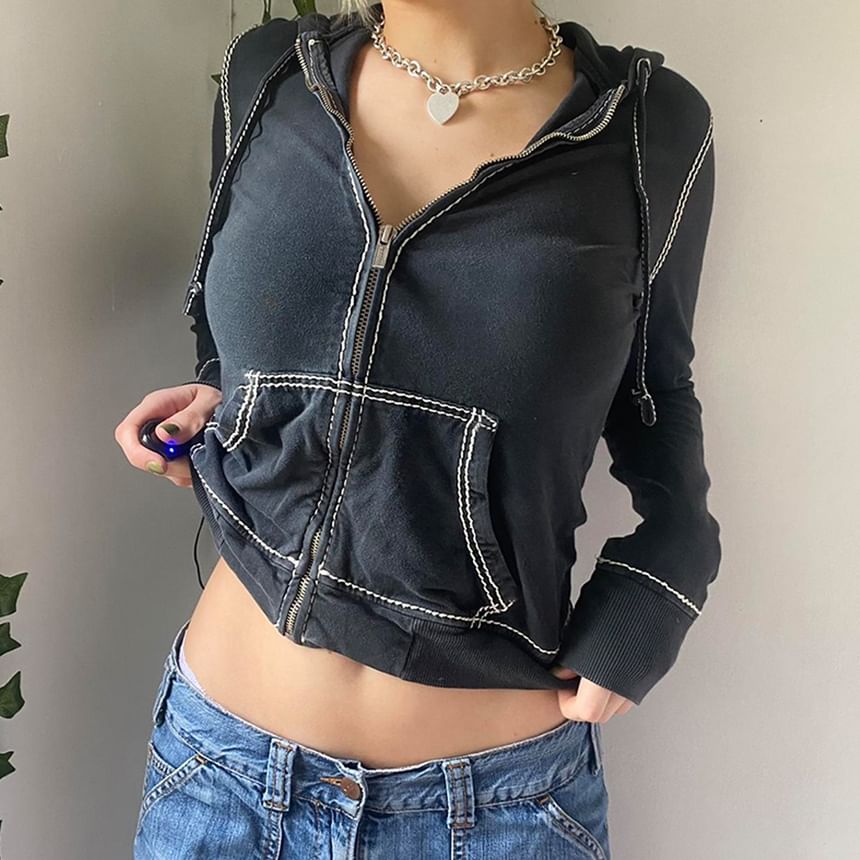 Genrovia - Contrasterende stiksels en rits cropped hoodie